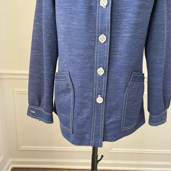 Vintage 70s Leisure Suit Button Jacket Dagger Pointed Collar Blue White S - Picture 3 of 9
